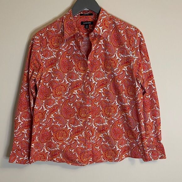 Lands End Paisley Button Down Shirt Size 12 P. Red/Orange - Picture 1 of 9